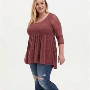 TORRID BABYDOLL ROSE SUPER SOFT SCOOP NECK LACE SLEEVE TUNIC TOP